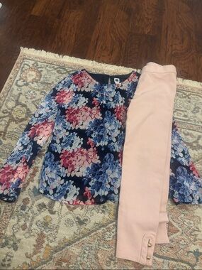 Janie and Jack Floral Navy, Pink and Blue Top with Pink Leggings